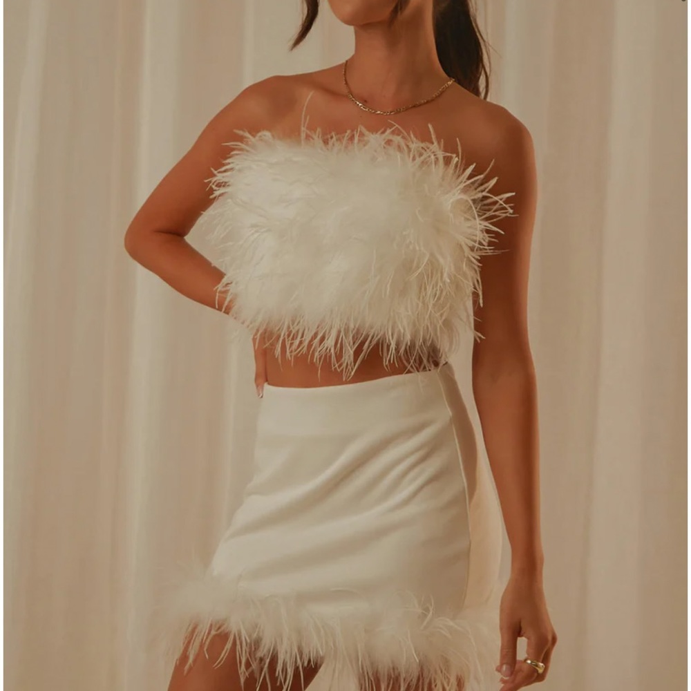 Worn once! White feather top and skirt set.